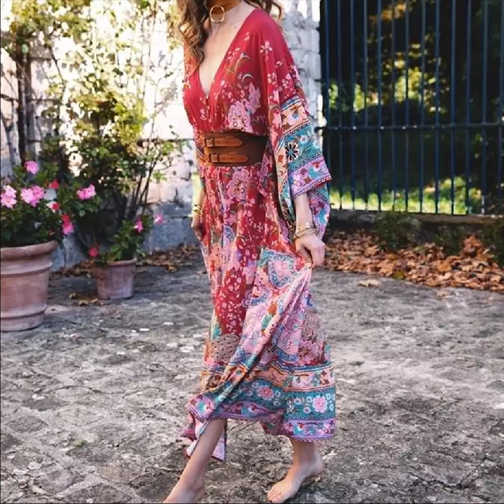 Boho Kimono Floral Print Maxi Gypsy Dress - Picture 10 of 12